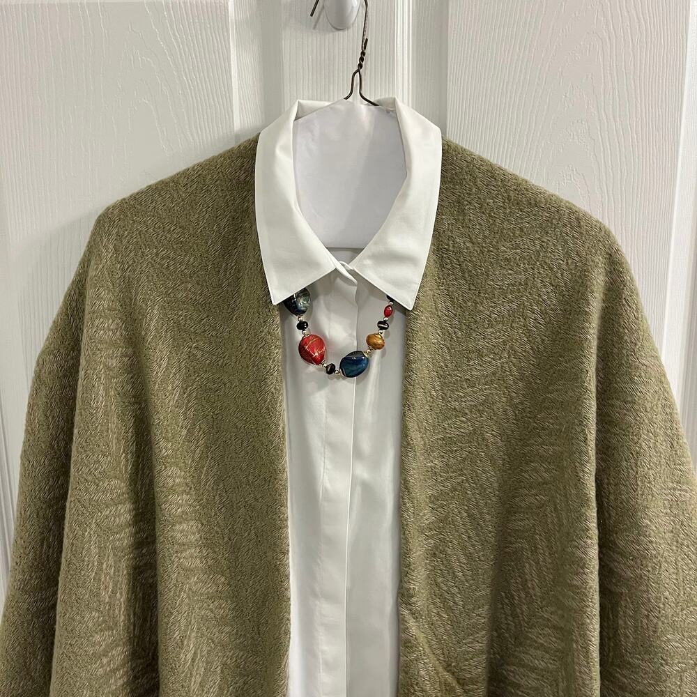 Neutral Knit Shawl/ Cape in Herringbone Pattern with Sage and Tan